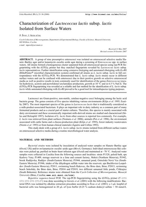 Characterization of Lactococcus lactis subsp. lactis Isolated from .